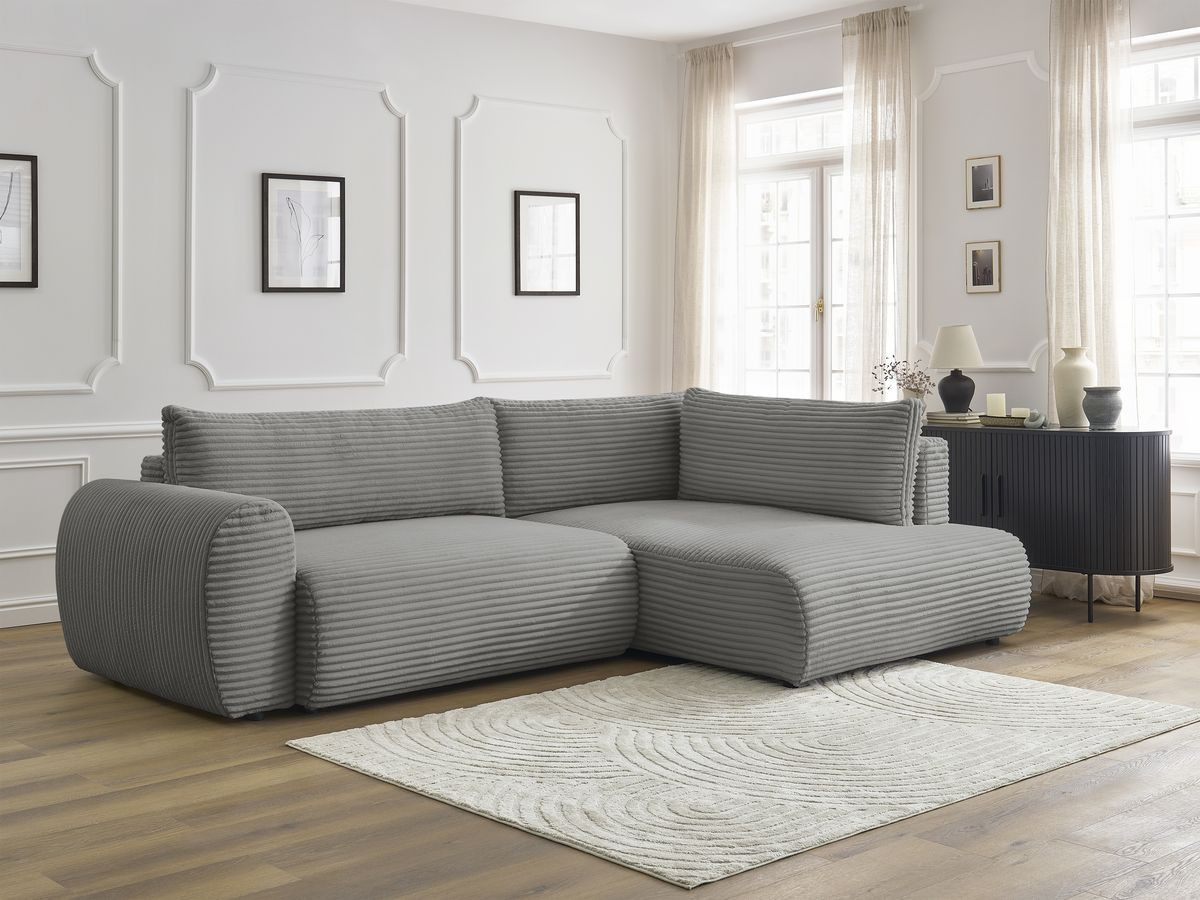 Bobochic Lucien Ecksofa mit Schlaffunktion und Bettkasten 296 × 198 cm Breitcord weich Dunkelgrau Ecke rechts