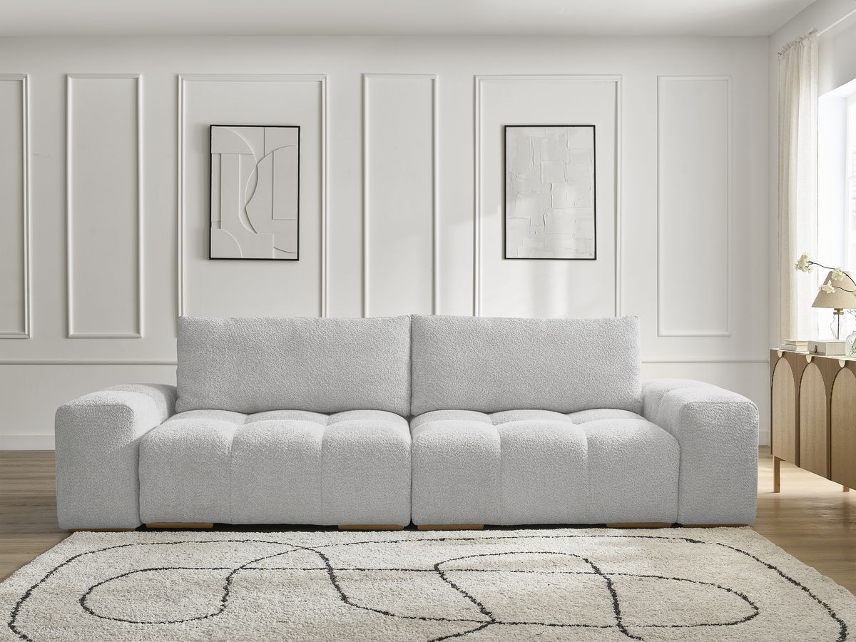 Bobochic Anakin Sofa 3-Sitzer, 2 Kissen Bouclé-Stoff Hellgrau
