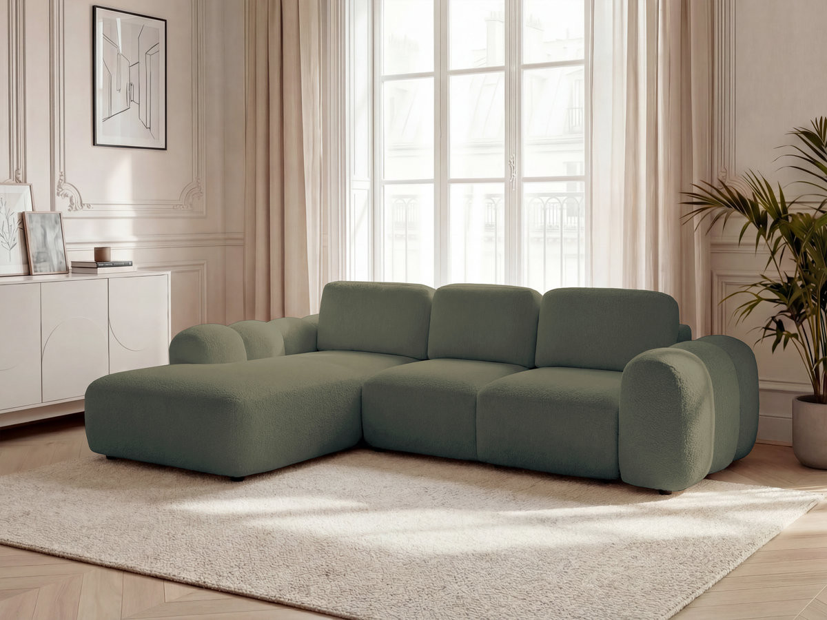 Bobochic Montaigne Ecksofa mit Schlaffunktion und Bettkasten 288 × 196 cm Bouclé-Stoff Grün Ecke links