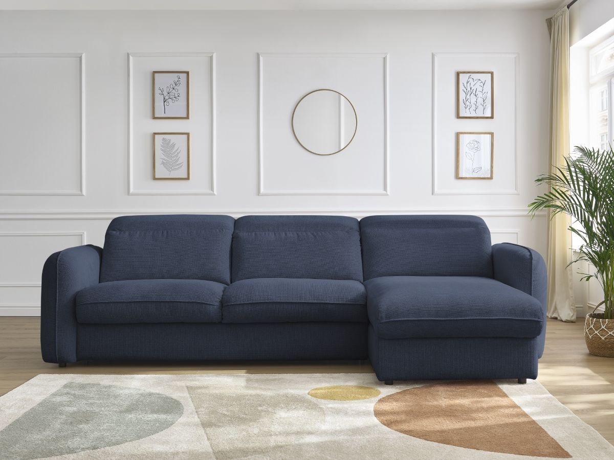 Bobochic Achille Ecksofa mit Schlaffunktion und Bettkasten Melange-Stoff Dunkelblau, Liegefläche 160 × 200 cm