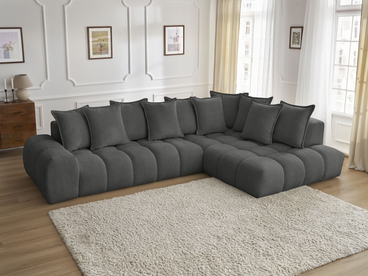 Bobochic Everest Ecksofa, 10 Kissen Melange-Stoff Dunkelgrau Ecke rechts
