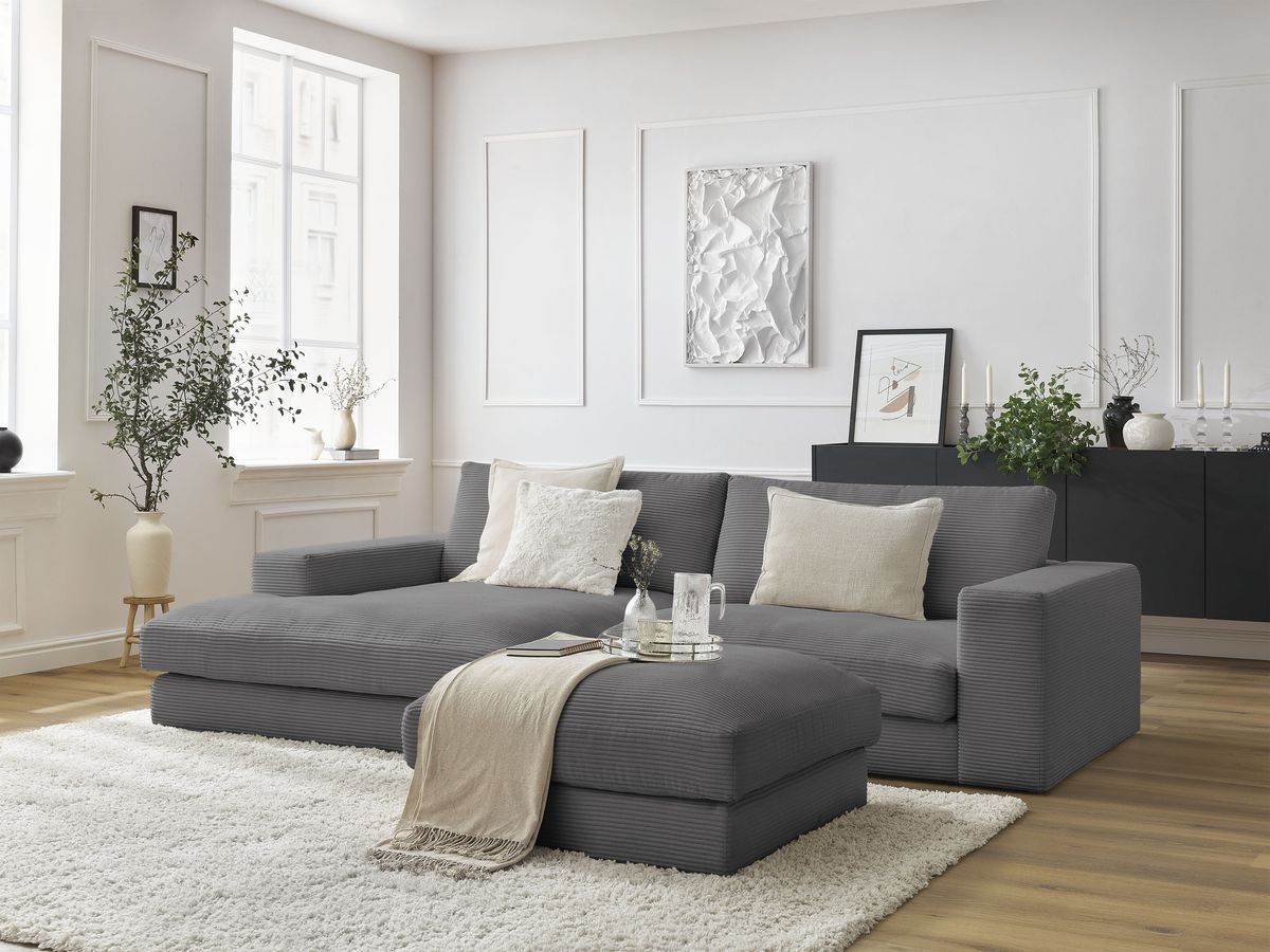 Bobochic Leonard Ecksofa mit Pouf 274 × 159 cm Cordsamt Dunkelgrau Ecke links