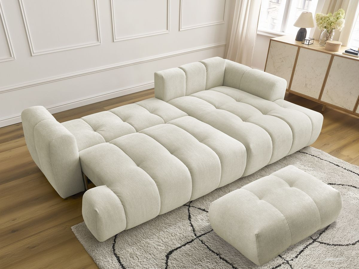 Bobochic Fuji Ecksofa mit Schlaffunktion und Bettkasten und Pouf 292 × 160 cm Stoff Beige Ecke rechts