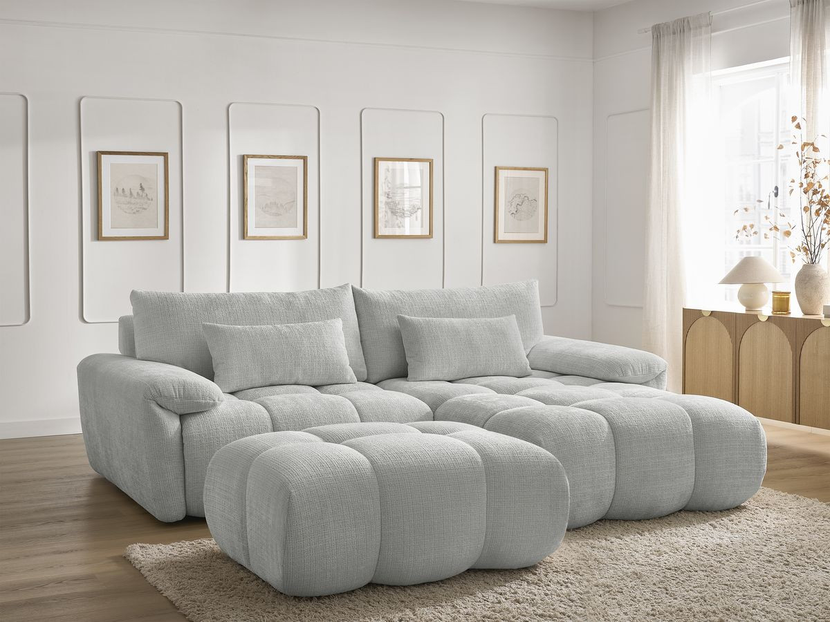 Bobochic Ivane Ecksofa mit Pouf Strukturstoff Hellgrau Ecke rechts