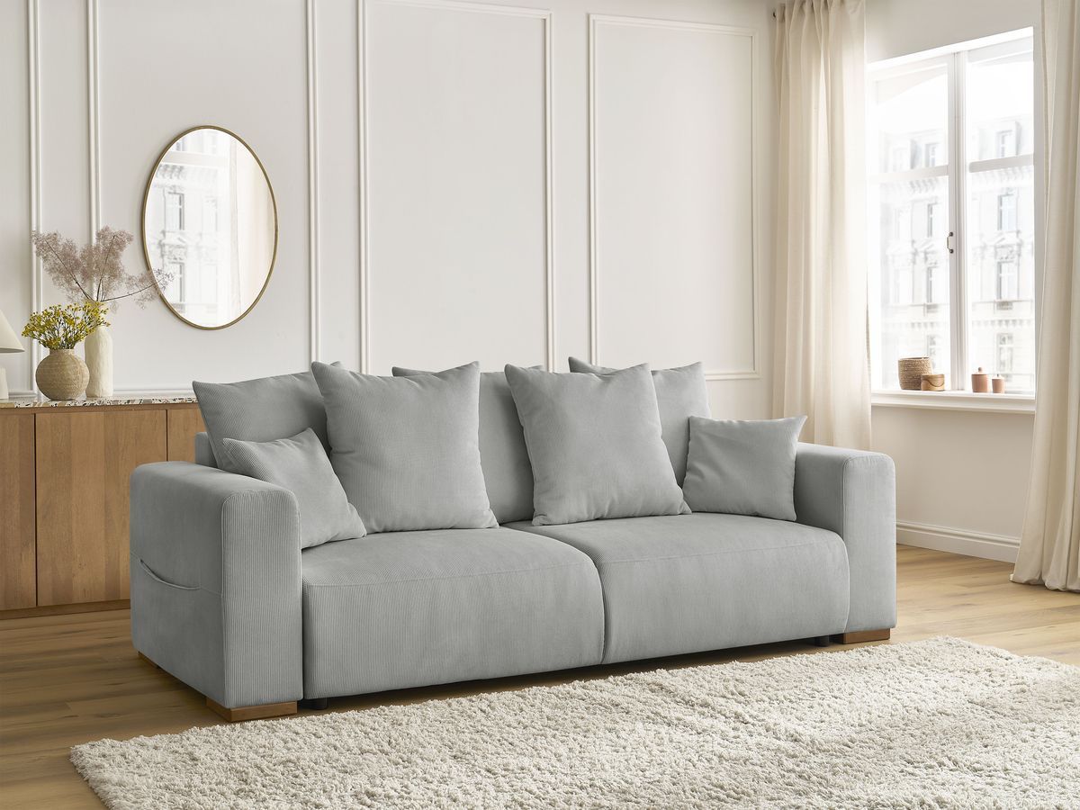 Bobochic Sidonie Schlafsofa 3-Sitzer mit Bettkasten Cordsamt Hellgrau