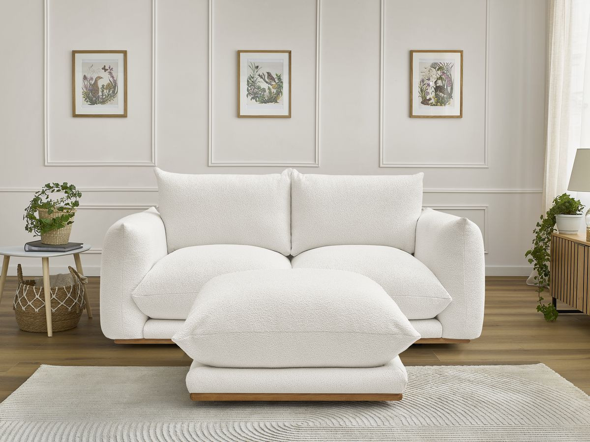 Bobochic Ernest Sofa 3-Sitzer mit Pouf 193 × 106 cm Bouclé-Stoff Weiß