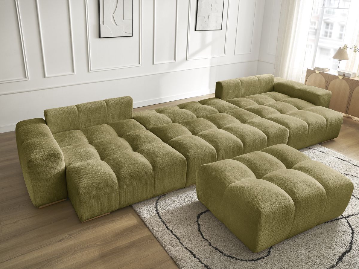 Bobochic Anakin Wohnlandschaft mit Pouf, Liegefläche 137 × 382 cm, 3 Kissen Strukturstoff Grün