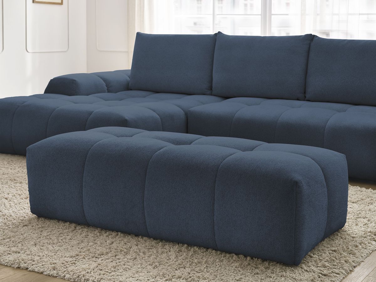 Bobochic Everest Ecksofa mit Schlaffunktion und Bettkasten und Pouf 318 × 180 cm, 3 Kissen Melange-Stoff Dunkelblau Ecke links
