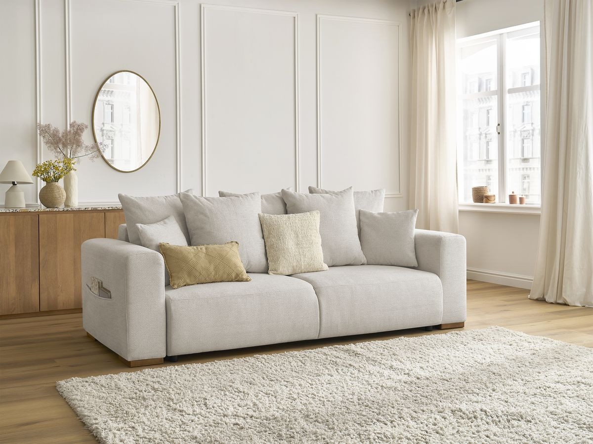 Bobochic Sidonie Schlafsofa 3-Sitzer mit Bettkasten Melange-Stoff Beige