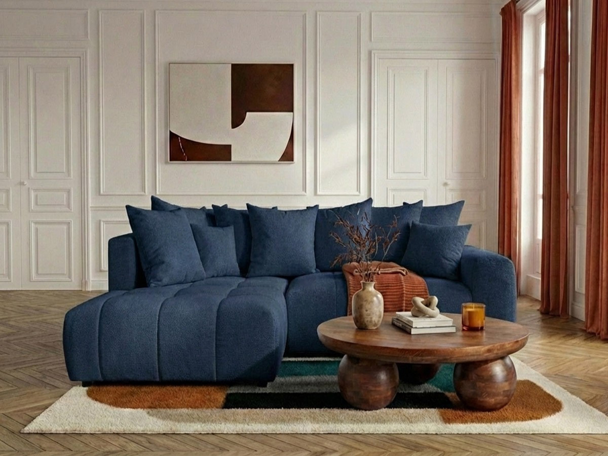Bobochic Roxelane Ecksofa mit Schlaffunktion und Bettkasten Melange-Stoff Dunkelblau Ecke links