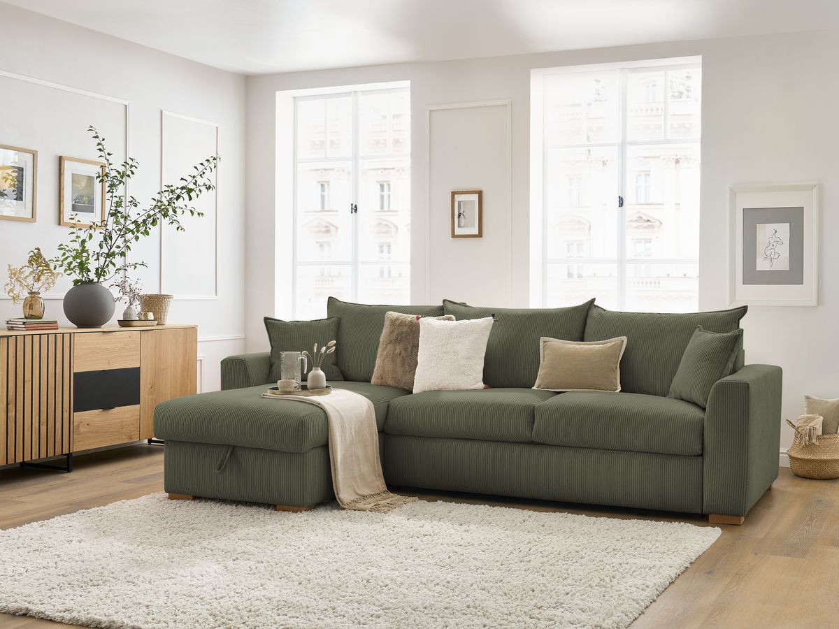 Bobochic Augustin Ecksofa mit Schlaffunktion und Bettkasten Cordsamt Hellgrün, Liegefläche 140 × 200 cm