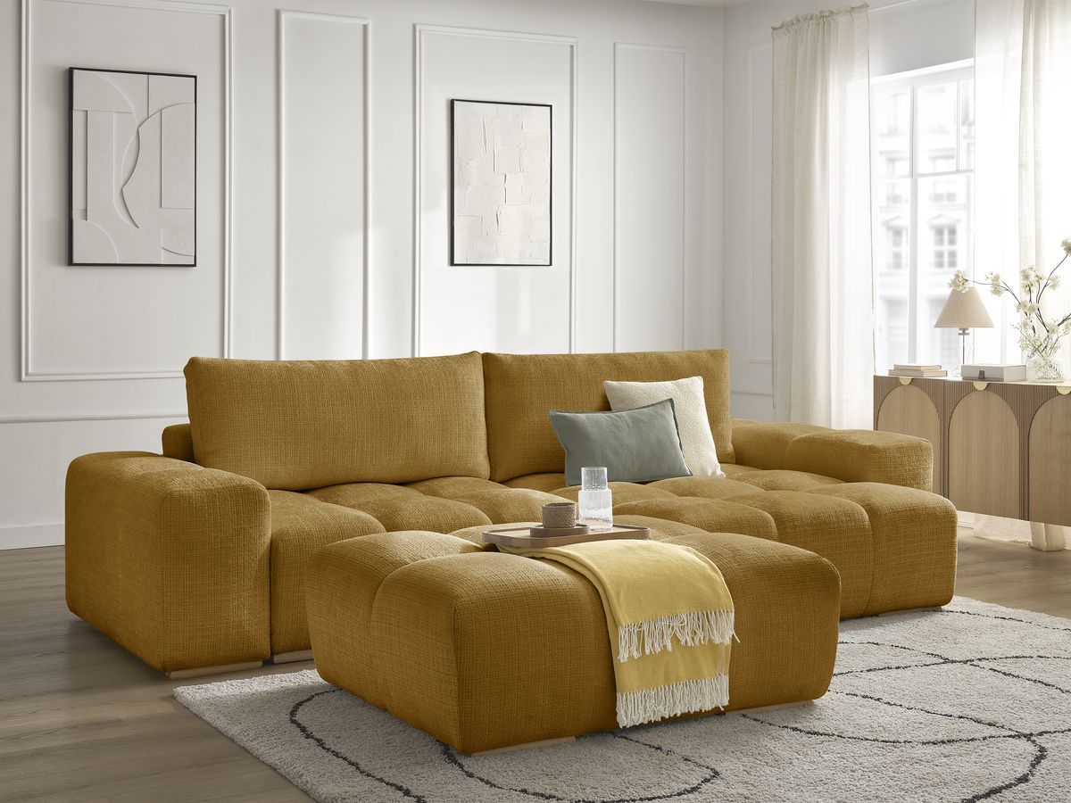 Bobochic Anakin Ecksofa mit Schlaffunktion und Bettkasten und Pouf, 2 Kissen Strukturstoff Gelb