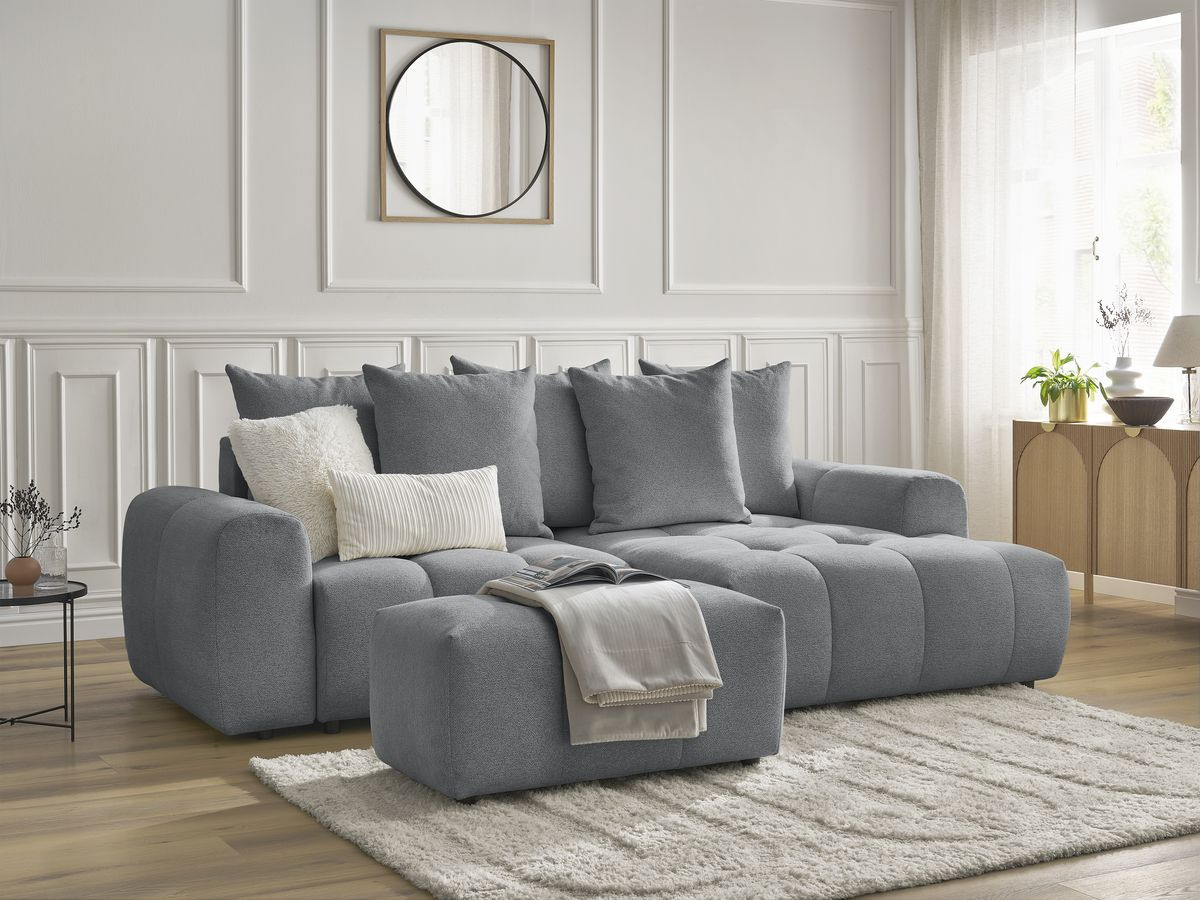 Bobochic Roxelane Ecksofa mit Schlaffunktion und Bettkasten und Pouf 258 × 150 cm Melange-Stoff Dunkelgrau Ecke rechts