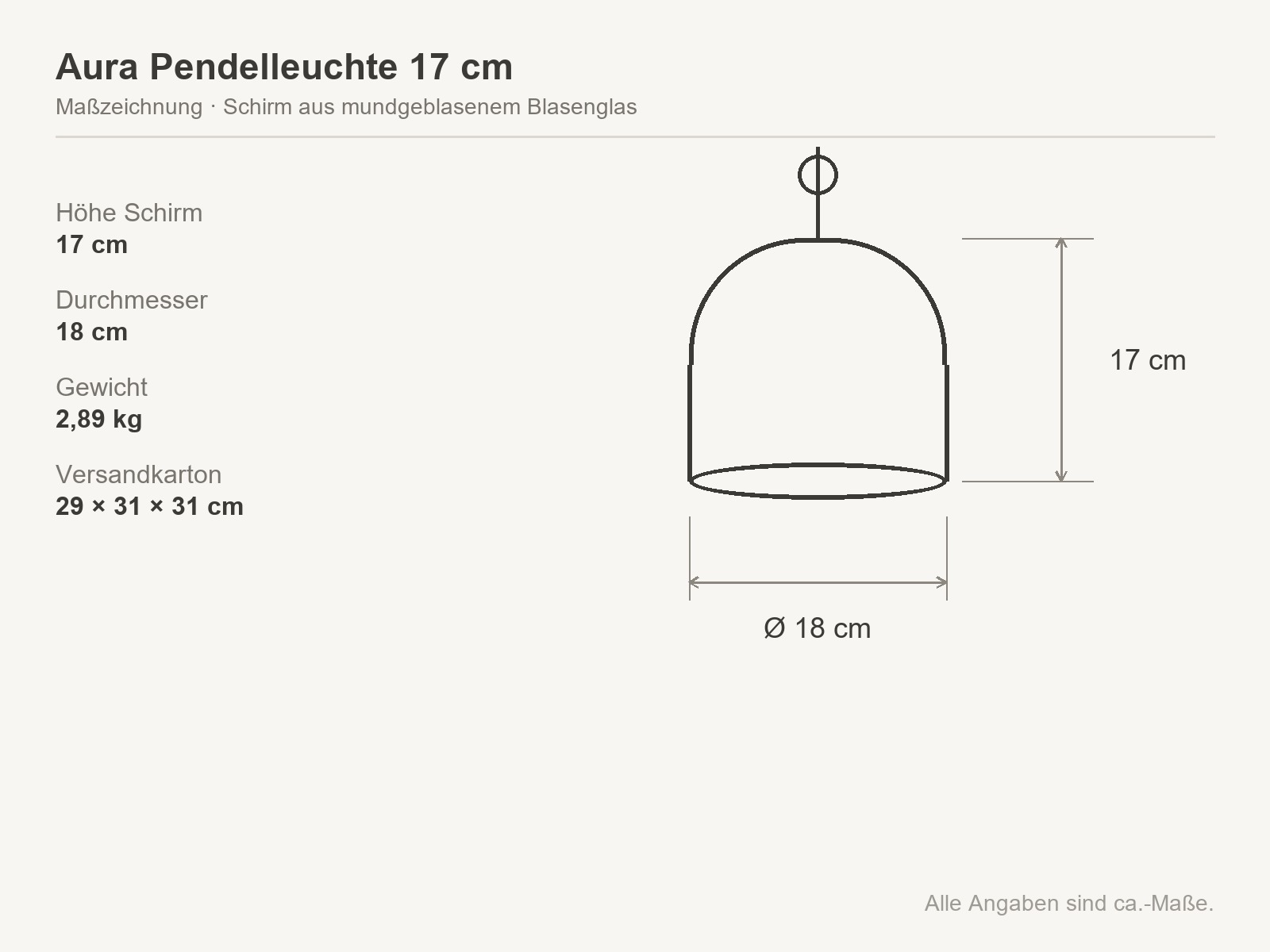 Micadoni Aura Pendelleuchte 17 cm Rauchglas – Maßzeichnung mit Höhe 17 cm und Durchmesser 18 cm