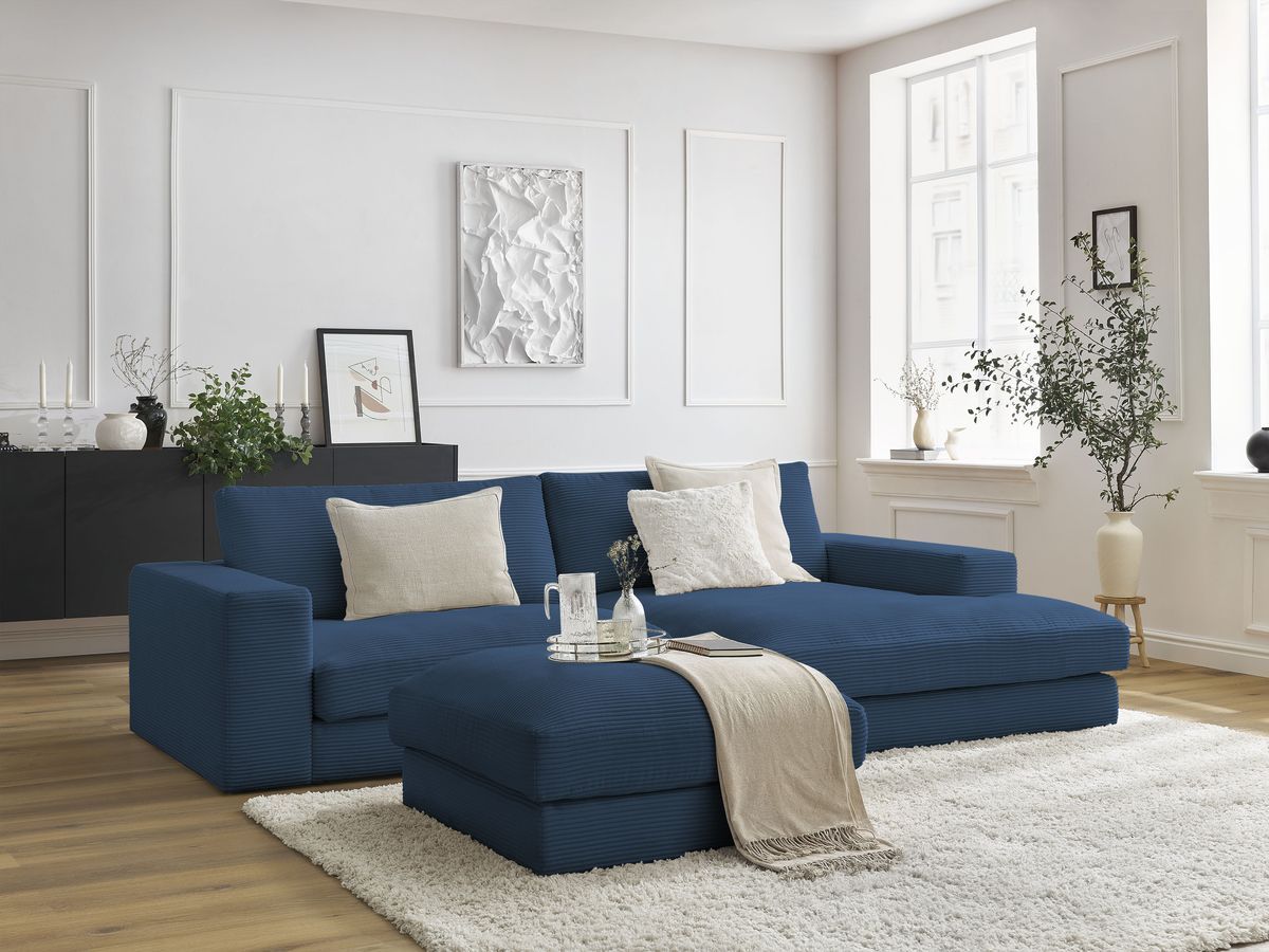 Bobochic Leonard Ecksofa mit Pouf 234 × 159 cm Cordsamt Dunkelblau Ecke rechts