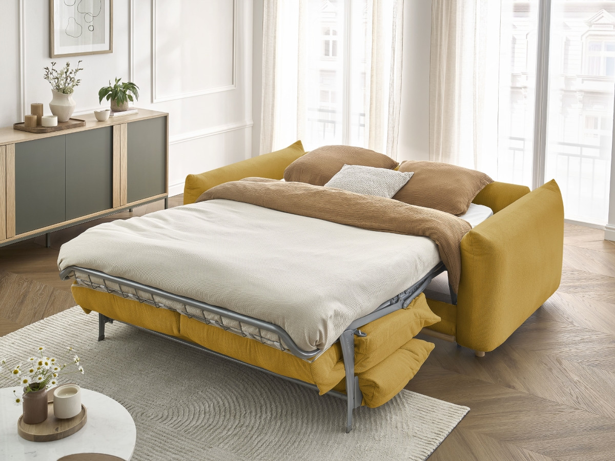 Bobochic Ernest Schlafsofa 3-Sitzer, Liegefläche 190 × 140 / 160 cm Stoff Gelb, Liegefläche 160 × 190 cm