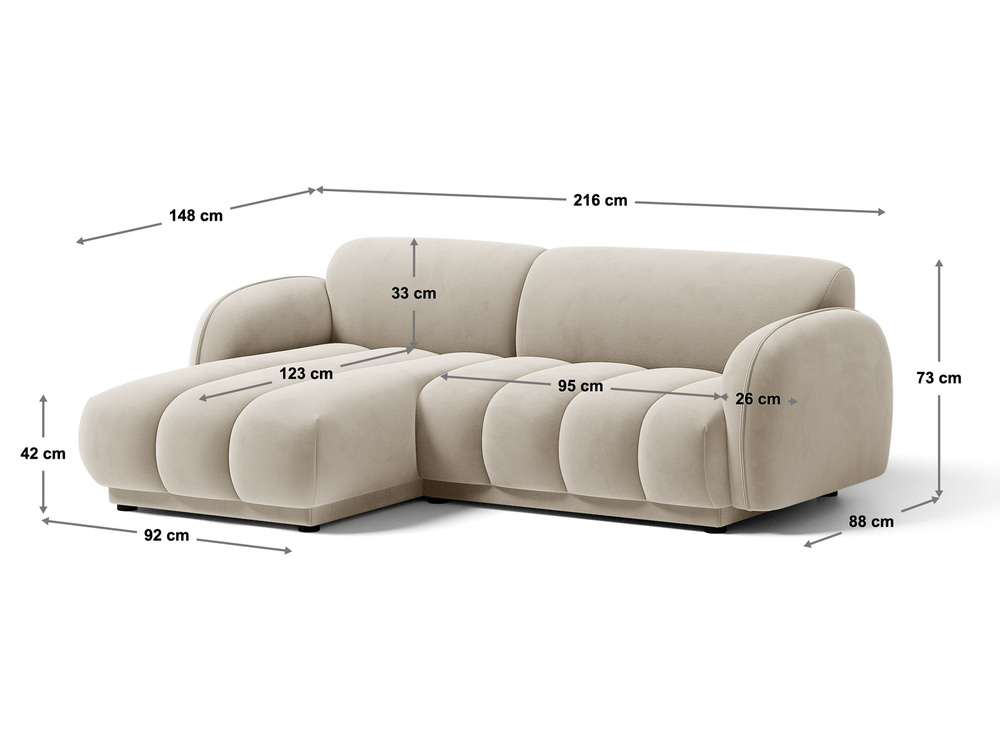 Cosmopolitan Design Ecksofa Bilbao 3-Sitzer kleine Version Samt Casino Helles Beige Links