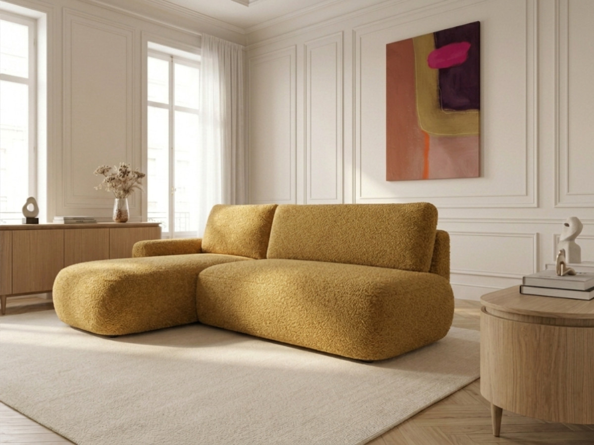 Bobochic Tango Ecksofa mit Schlaffunktion und Bettkasten Bouclé-Stoff Gelb Ecke links