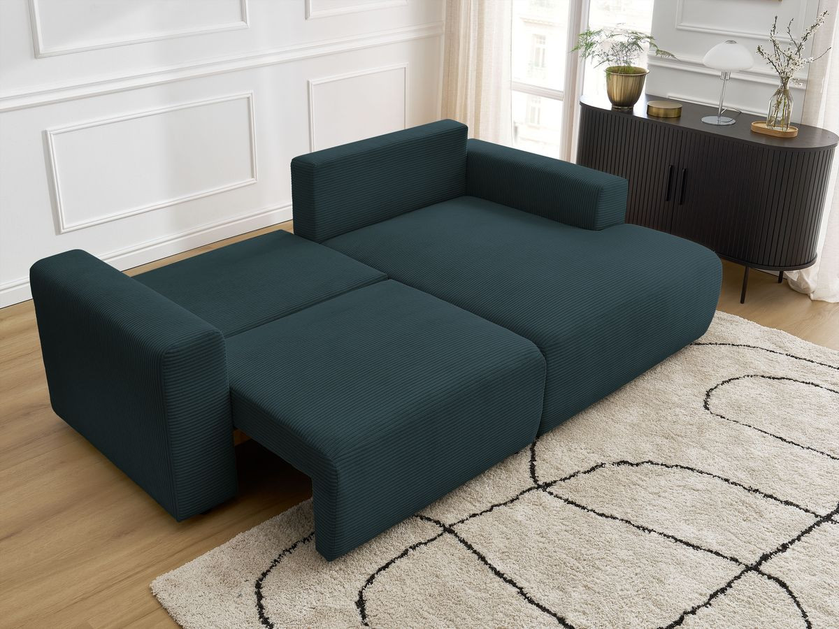 Bobochic Atilla Ecksofa mit Schlaffunktion und Bettkasten Cordsamt Dunkelblau Ecke rechts