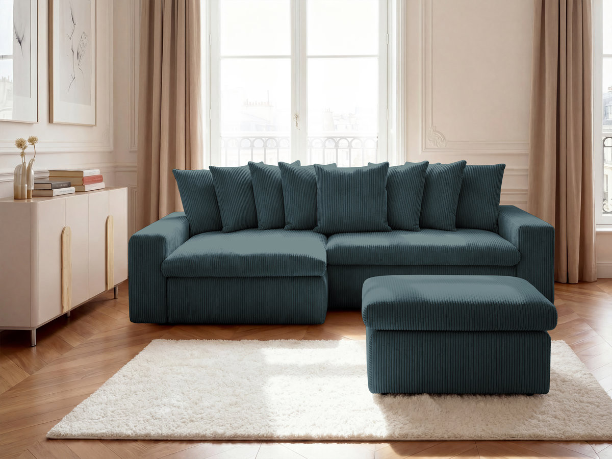 Bobochic Enore Ecksofa mit Pouf Cordsamt Dunkelblau Ecke links