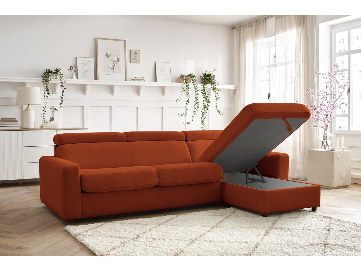 Bobochic Monaco Ecksofa mit Schlaffunktion und Bettkasten Stoff Orange, Liegefläche 160 × 190 cm
