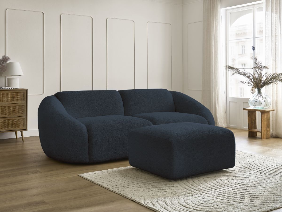 Bobochic Tina Sofa 4-Sitzer mit Pouf Bouclé-Stoff Dunkelblau