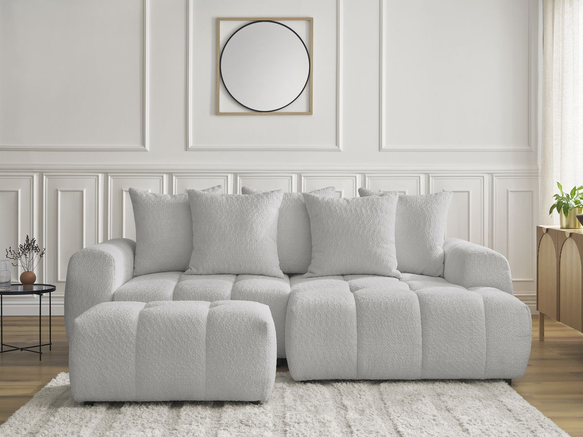 Bobochic Roxelane Ecksofa mit Schlaffunktion und Bettkasten und Pouf 258 × 150 cm Bouclé-Stoff Hellgrau Ecke rechts
