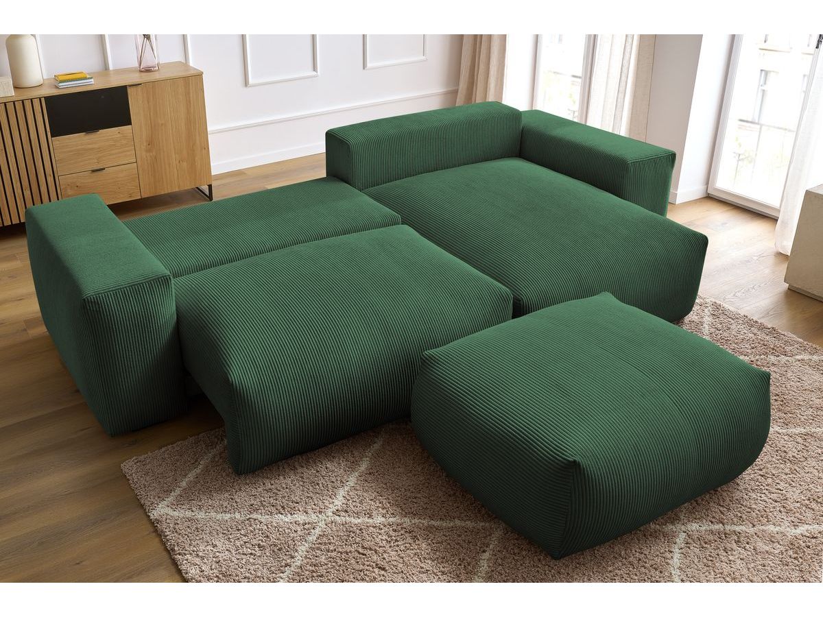 Bobochic Voltaire Ecksofa mit Schlaffunktion und Bettkasten und Pouf Cordsamt Grün