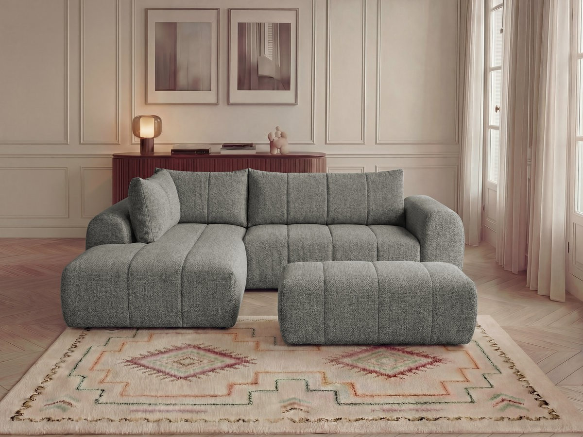 Bobochic Nesty Ecksofa in L-Form, 256 cm, mit Pouf Melange-Stoff Dunkelgrau Ecke links