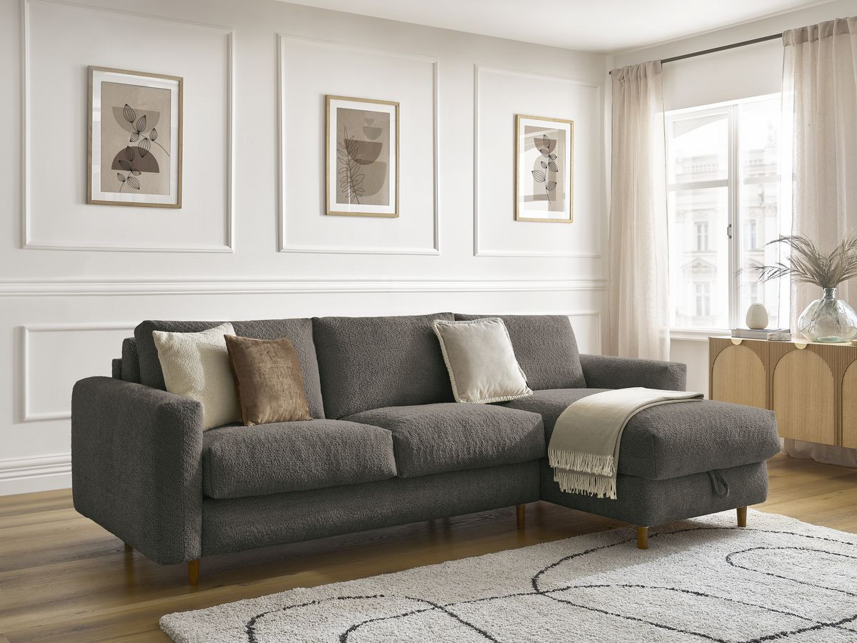 Bobochic Cocoone Ecksofa mit Schlaffunktion und Bettkasten Bouclé-Stoff Braun, Liegefläche 140 × 200 cm