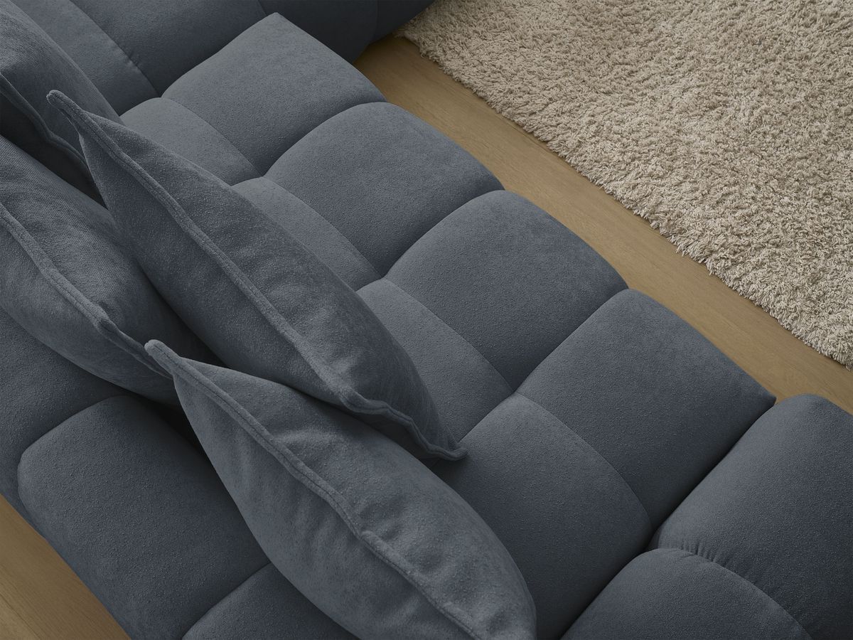 Bobochic Everest Ecksofa mit Schlaffunktion und Bettkasten 320 × 212 cm, 10 Kissen Strukturstoff Dunkelblau Ecke rechts