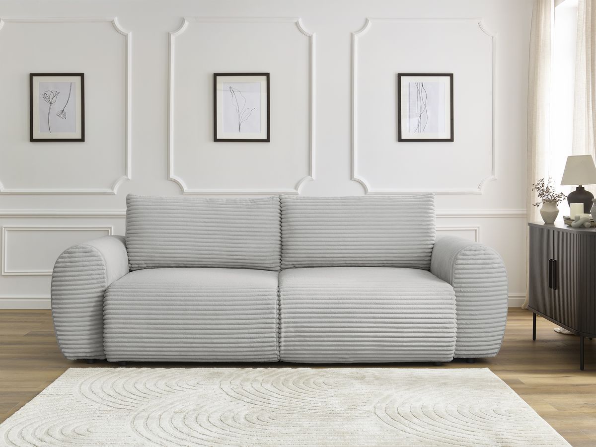 Bobochic Lucien Schlafsofa 3-Sitzer mit Bettkasten Breitcord weich Hellgrau