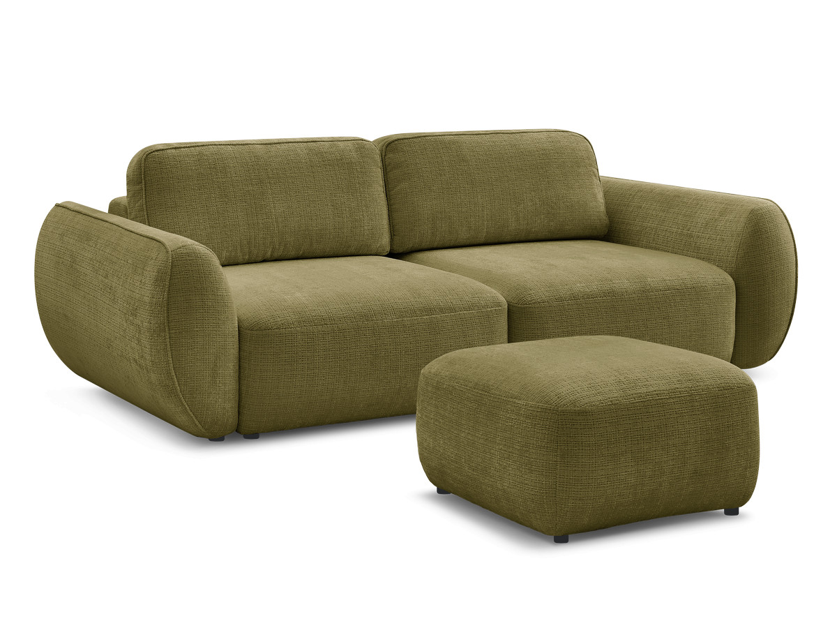 Bobochic Denise Schlafsofa 3-Sitzer mit Bettkasten und Pouf Strukturstoff Grün
