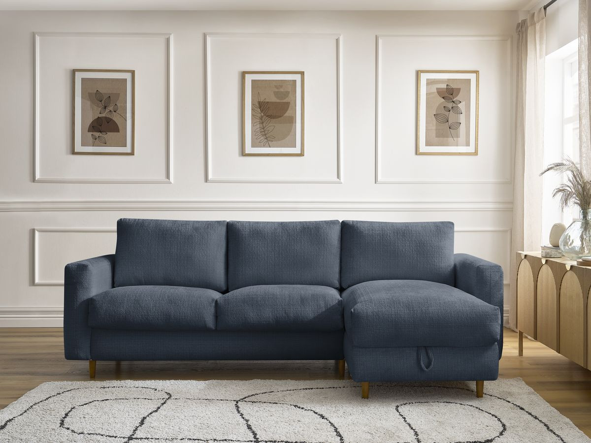Bobochic Cocoone Ecksofa mit Schlaffunktion und Bettkasten Strukturstoff Dunkelblau, Liegefläche 140 × 200 cm