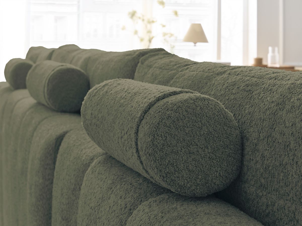 Bobochic Anakin Wohnlandschaft mit Pouf, Liegefläche 137 × 382 cm, 3 Kissen Bouclé-Stoff Grün