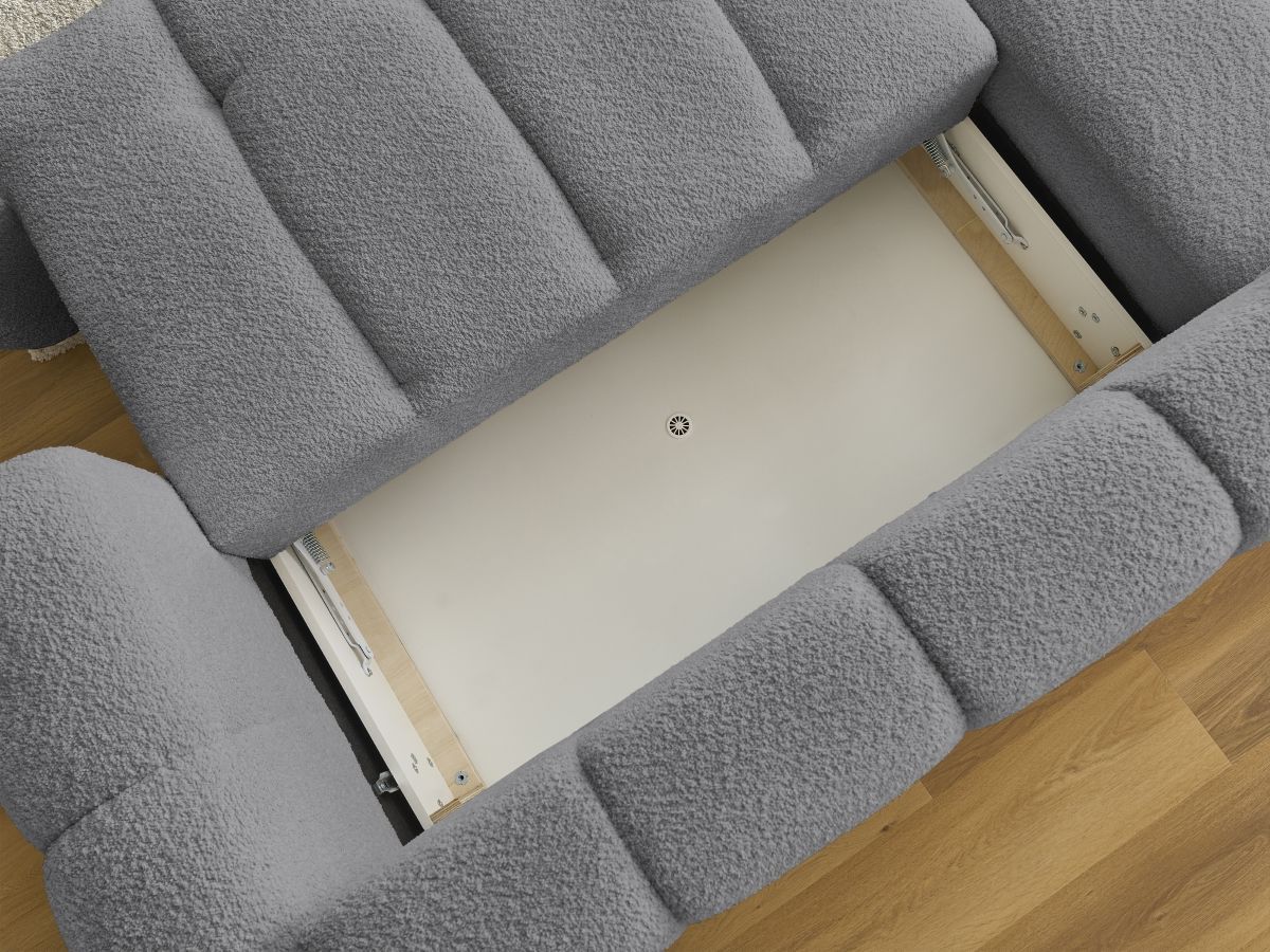 Bobochic Fuji Ecksofa mit Schlaffunktion und Bettkasten und Pouf 292 × 160 cm Bouclé-Stoff Dunkelgrau Ecke links