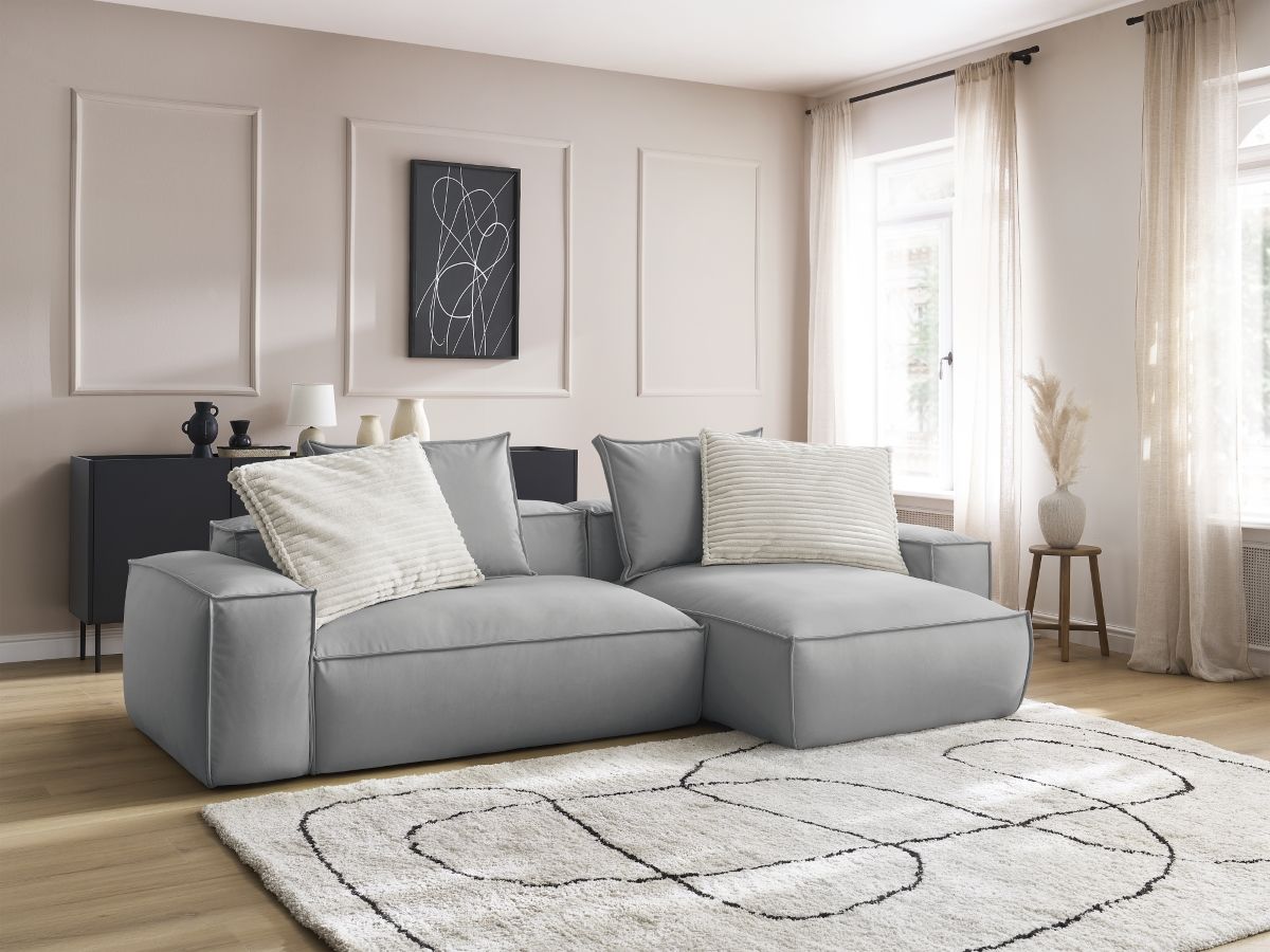 Bobochic Boheme Ecksofa, 3 Kissen Kunstleder Hellgrau