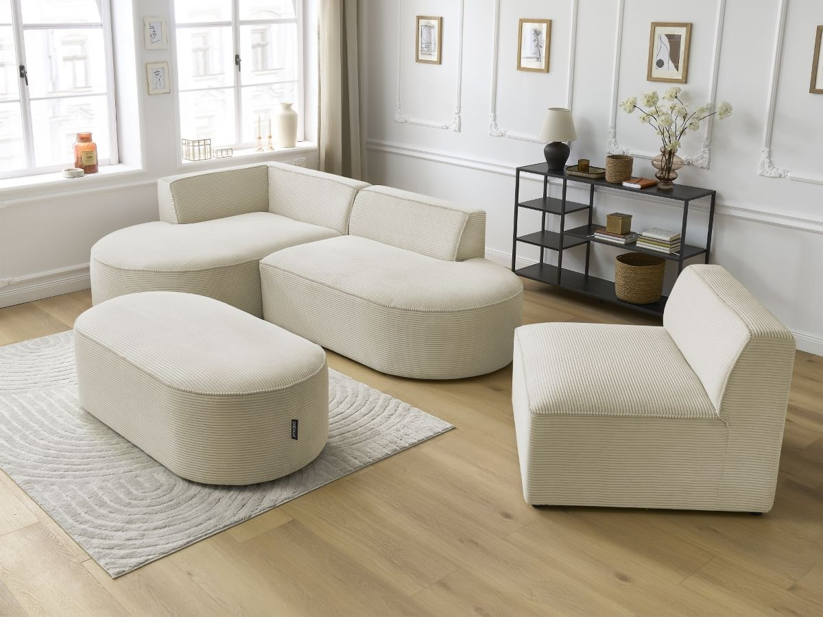 Bobochic Rousseau Ecksofa mit Sofamodul und Pouf Cordsamt Beige Ecke links