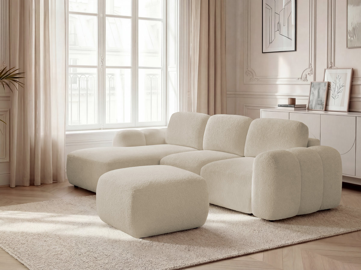 Bobochic Montaigne Ecksofa mit Schlaffunktion und Bettkasten und Pouf 276 × 164 cm Bouclé-Stoff Beige Ecke links