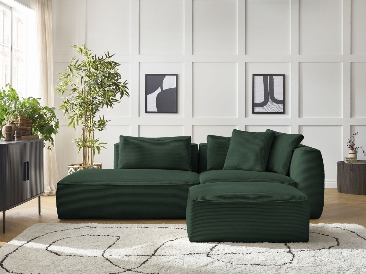 Bobochic Leopold Sofa 4-Sitzer mit Pouf Cordsamt Dunkelgrün Armlehne rechts