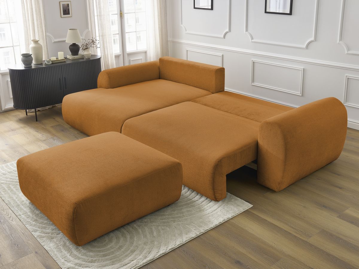 Bobochic Lucien Ecksofa mit Schlaffunktion und Bettkasten und Pouf 314 × 167 cm Stoff Gelb Ecke links