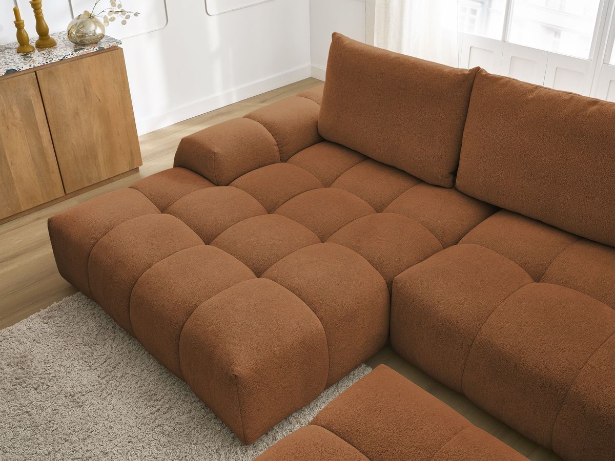 Bobochic Everest Ecksofa mit Schlaffunktion und Bettkasten und Pouf 318 × 180 cm, 3 Kissen Melange-Stoff Orange Ecke links