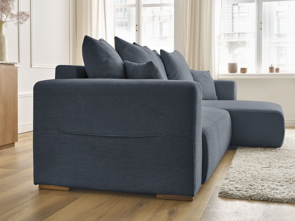 Bobochic Sidonie Ecksofa mit Schlaffunktion und Bettkasten Melange-Stoff Dunkelblau