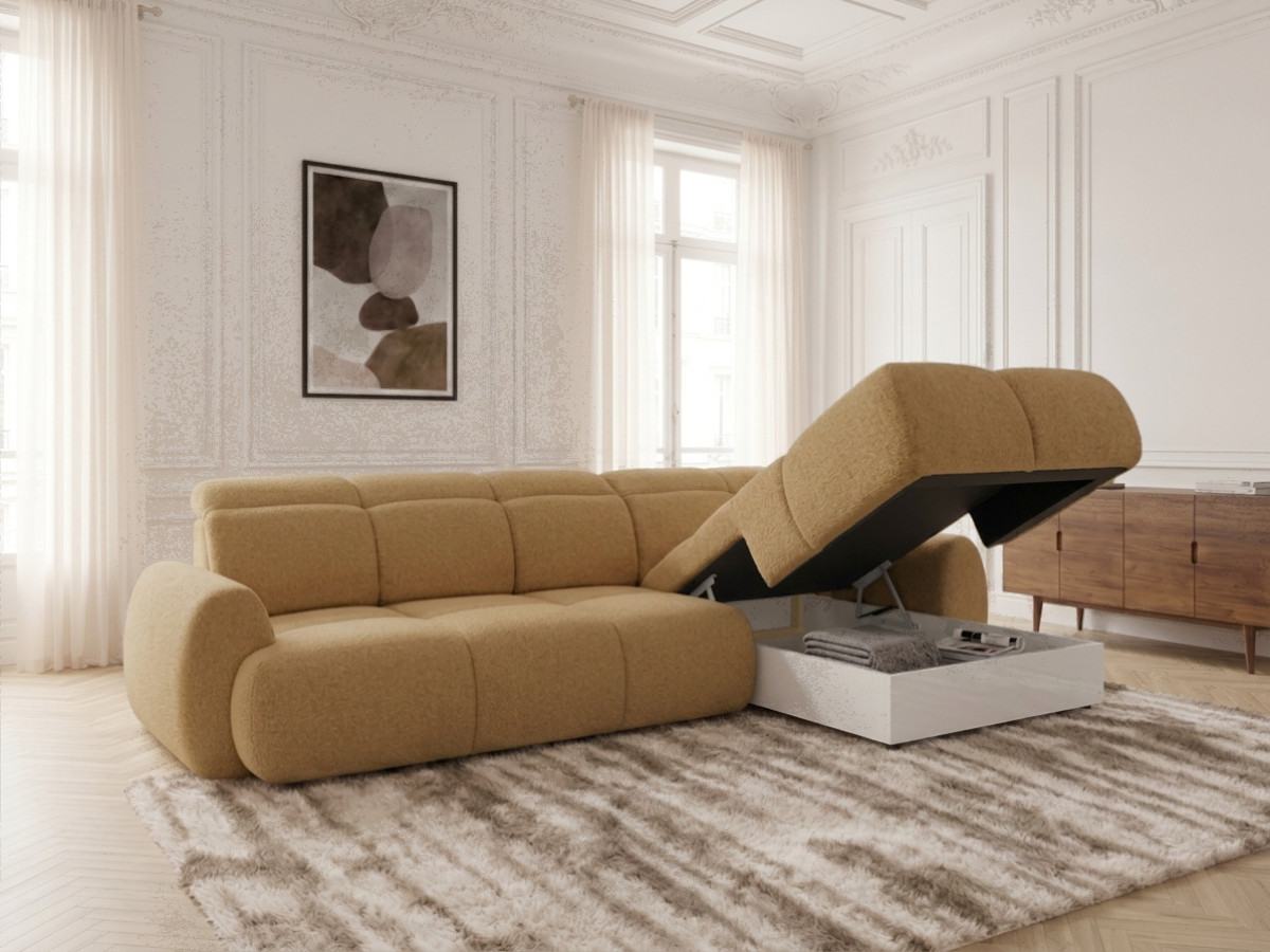 Bobochic Ruby Ecksofa mit Schlaffunktion und Bettkasten Chenille Gelb Ecke rechts