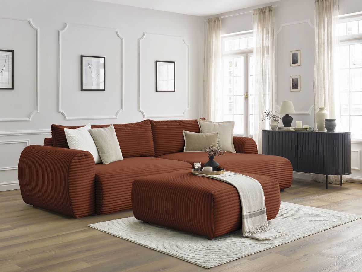 Bobochic Lucien Ecksofa mit Schlaffunktion und Bettkasten und Pouf 314 × 167 cm Breitcord weich Orange Ecke rechts