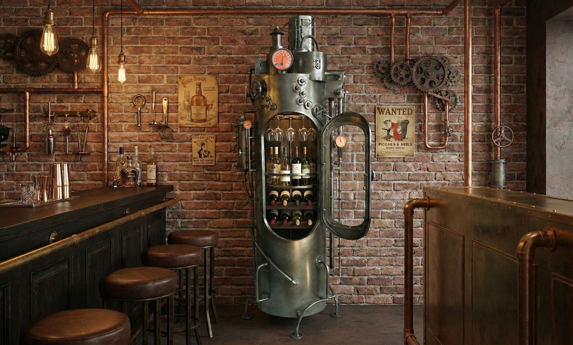 Möbelfaktor SteamVault Industrial-Barschrank aus Metall – Milieubild in einer Steampunk-Bar mit Backsteinwand
