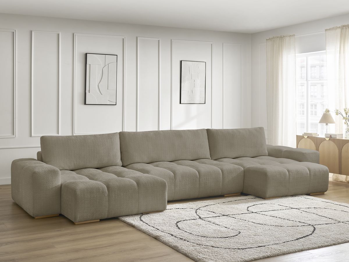 Bobochic Anakin Wohnlandschaft, Liegefläche 137 × 382 cm, 3 Kissen Strukturstoff Taupe