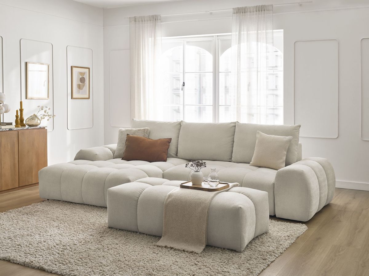 Bobochic Everest Ecksofa mit Schlaffunktion und Bettkasten und Pouf 318 × 180 cm, 3 Kissen Strukturstoff Beige Ecke links