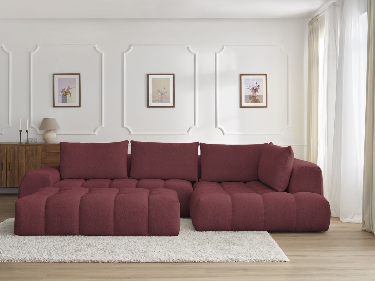 Bobochic Everest Ecksofa mit Schlaffunktion und Pouf, 4 Kissen Melange-Stoff Rot Ecke rechts