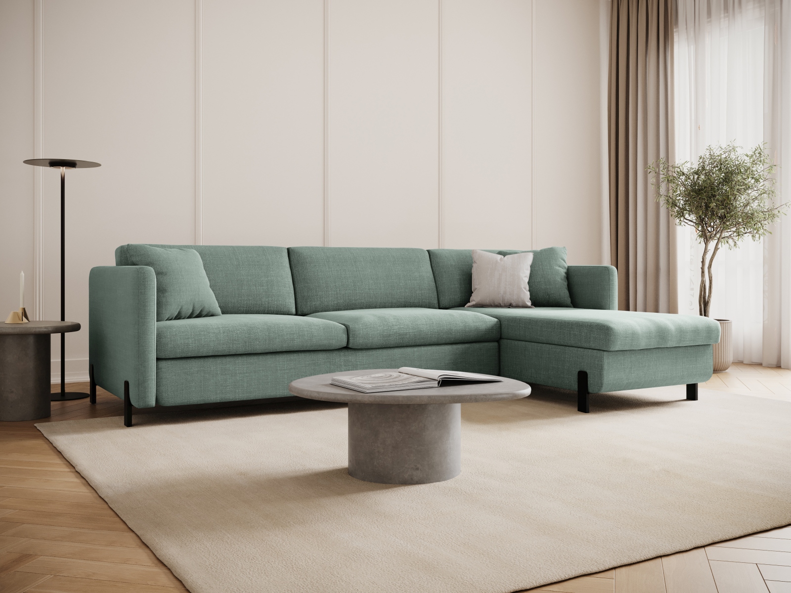 Micadoni Schlaf-Ecksofa Gloria 4-Sitzer Rechts Strukturierter Stoff Minze 205x140